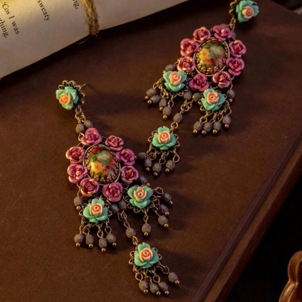 Vintage Style Floral Baroque Earrings Micro Mosaic Style Flower Painting NEW